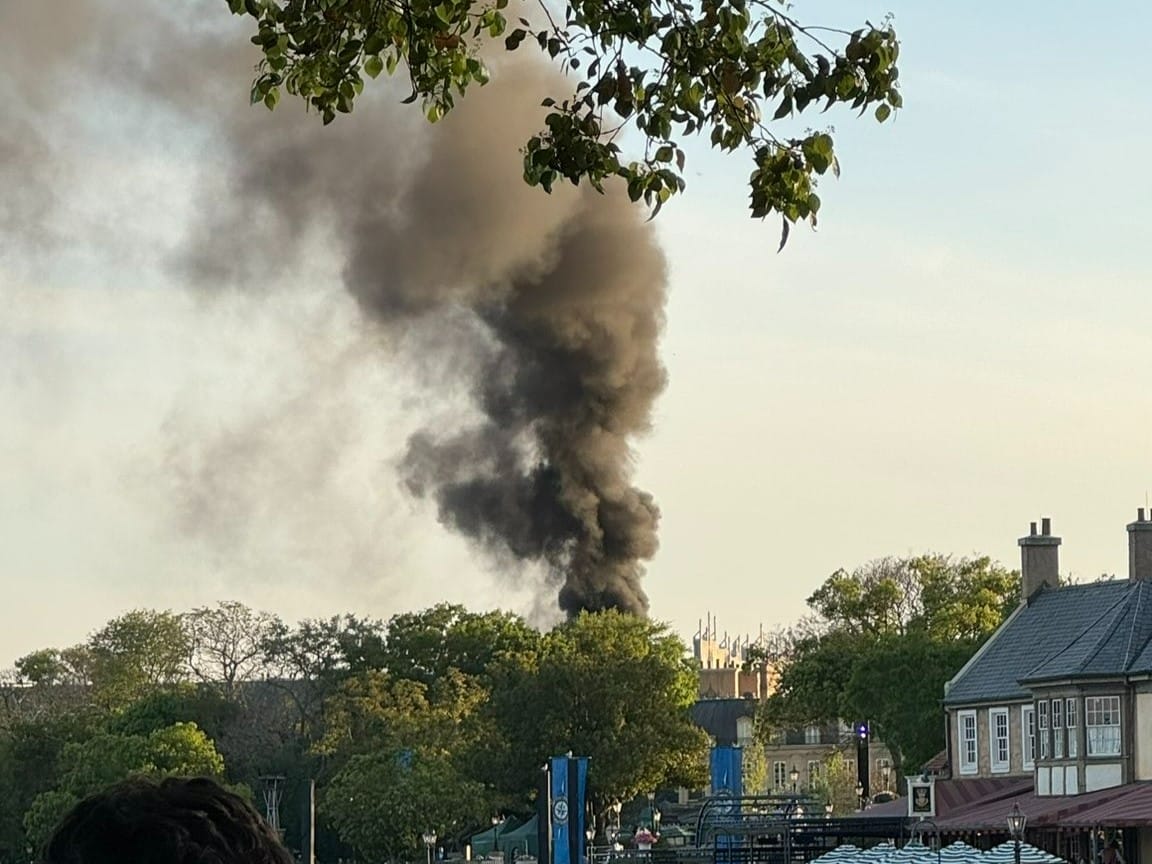 Thick black smoke rises above trees and buildings under a clear sky, reminiscent of the dramatic scenes often found in EPCOT's World Showcase. The foreground, with branches and rooftops, adds a sense of urgency to the mysterious fire casting shadows on an otherwise serene day.