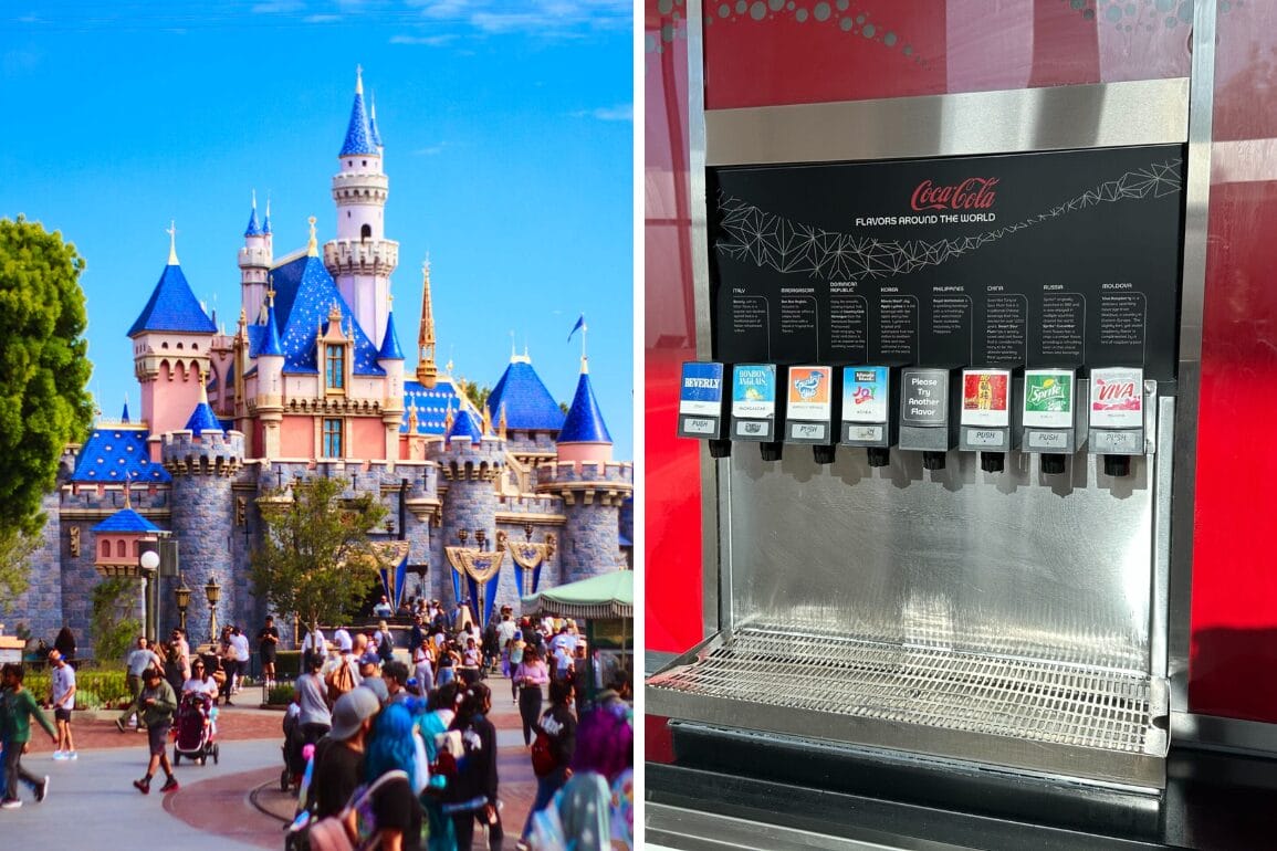 Left: A large crowd gathers before a majestic castle with iconic blue spires. Right: A row of soda dispensers offers an array of refreshing beverage options, perfect for capturing in your Daily Recap.