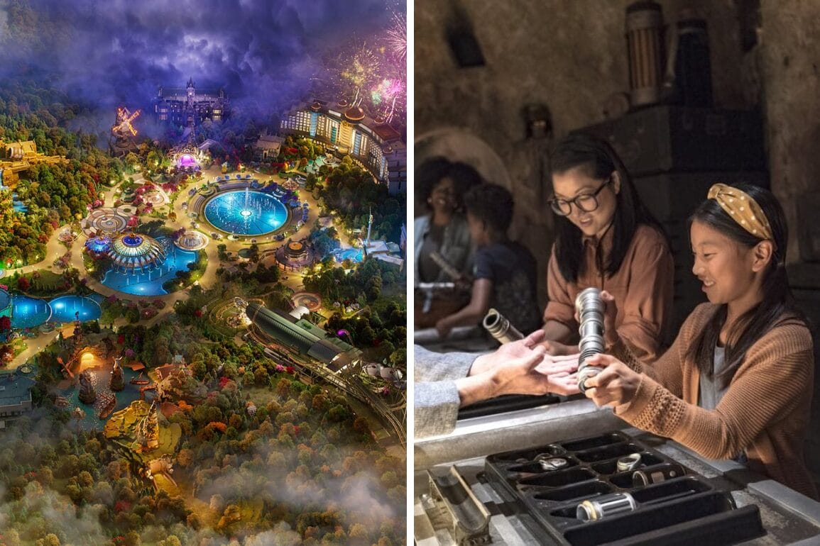 Left: Aerial view of a theme park with colorful lights and fireworks. Right: People inside a workshop holding cylindrical objects, interacting with a display as part of the daily recap activities.