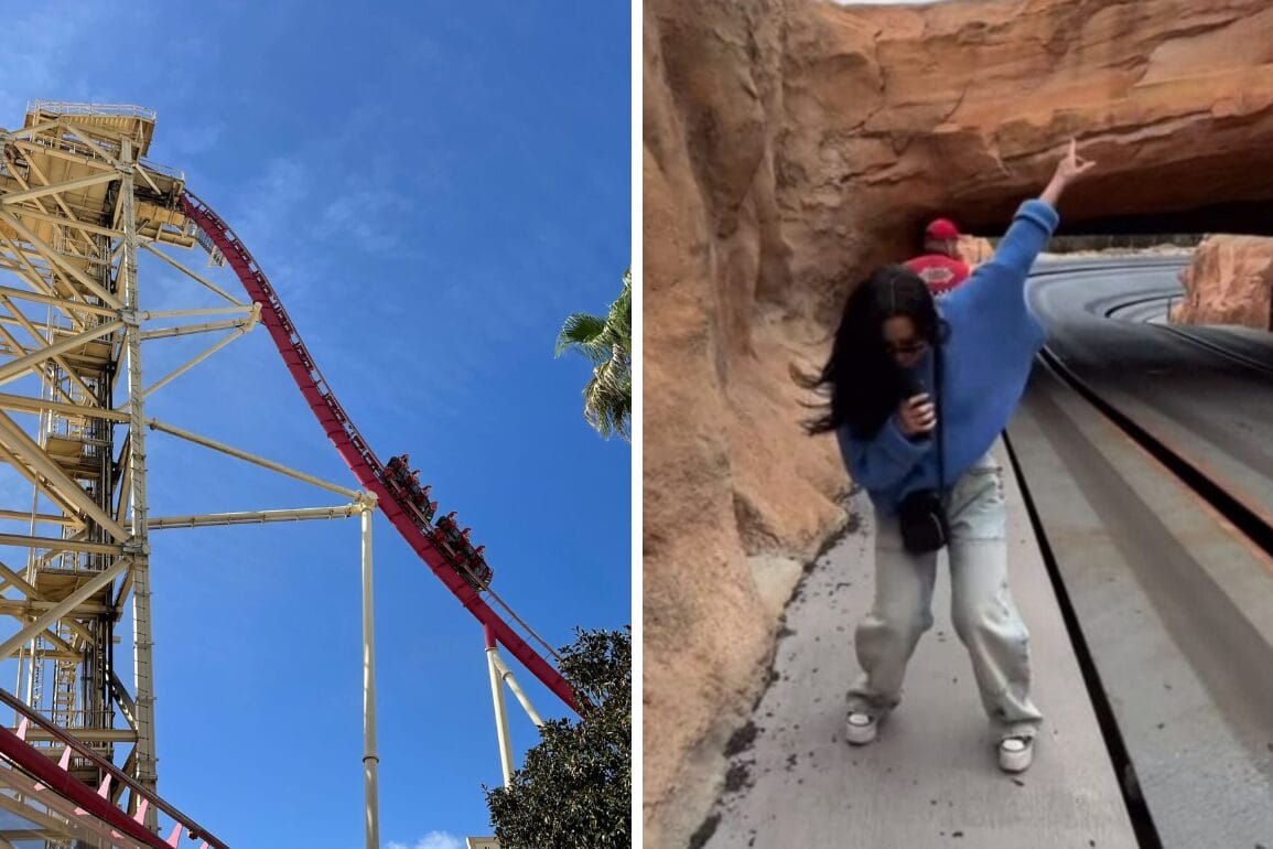 On the left, a Universal Coaster ascends a steep track. On the right, a person poses energetically beside a theme park attraction with rocky surroundings.