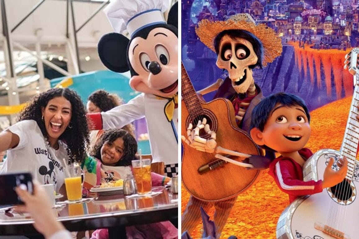 Left: People enjoying a meal with a large costumed mouse character. Right: Animation featuring two characters, a boy with a guitar and a skeletal figure in a hat, against a vibrant backdrop—a perfect scene for your daily recap of excitement and adventure.