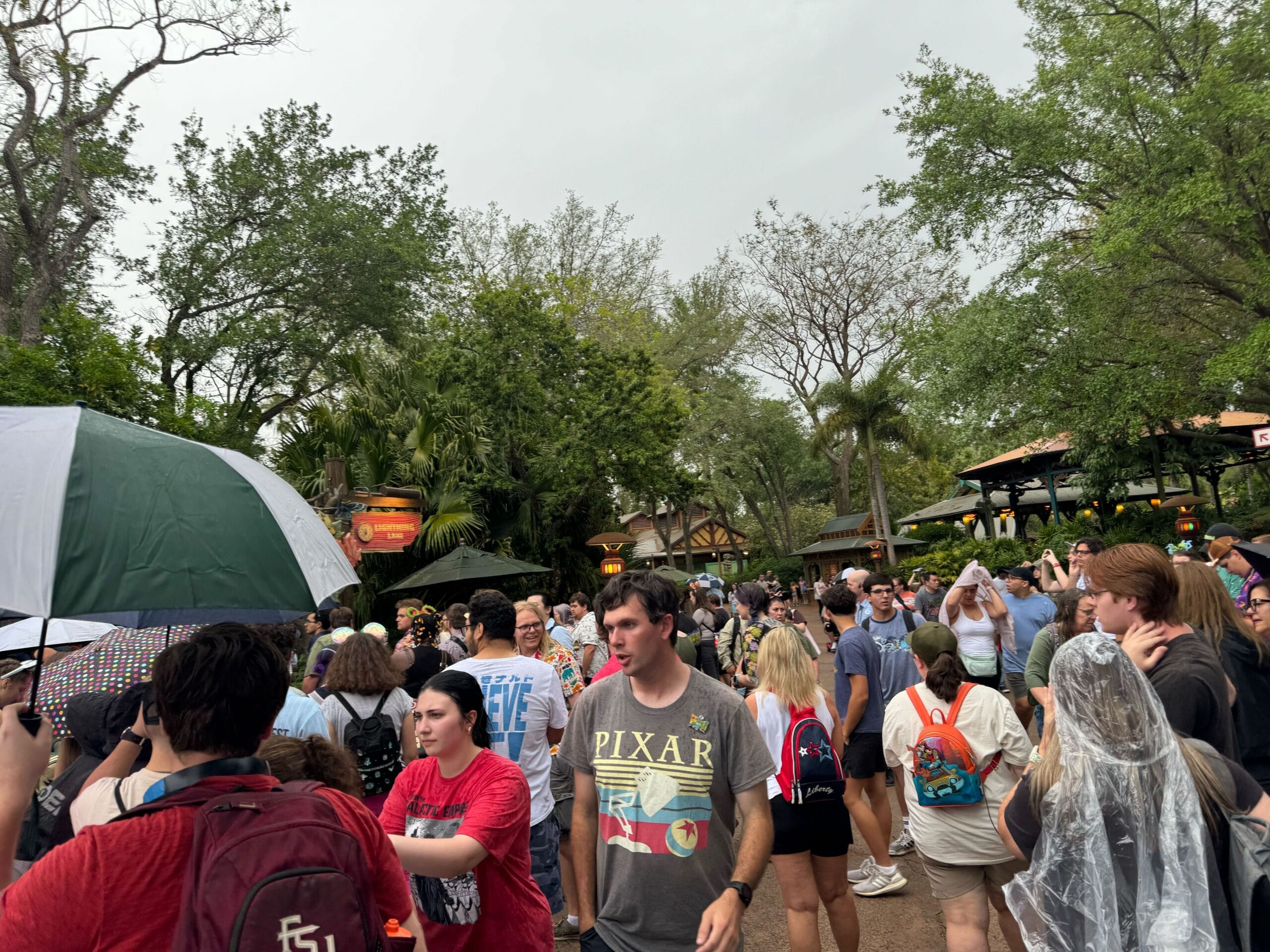 A crowd of guests wearing casual clothing and rain ponchos stroll through Disney's Animal Kingdom under a cloudy sky, surrounded by trees and various park signs, perhaps on their way to enjoy It's Tough to Be a Bug.