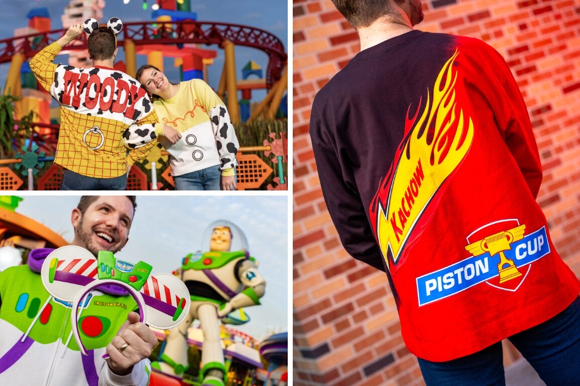 Four people sporting colorful themed shirts and jackets adorned with Toy Story and racing car designs are posing at a lively Disney Parks amusement zone, where thrilling rides and vibrant entertainment attractions serve as the perfect backdrop.