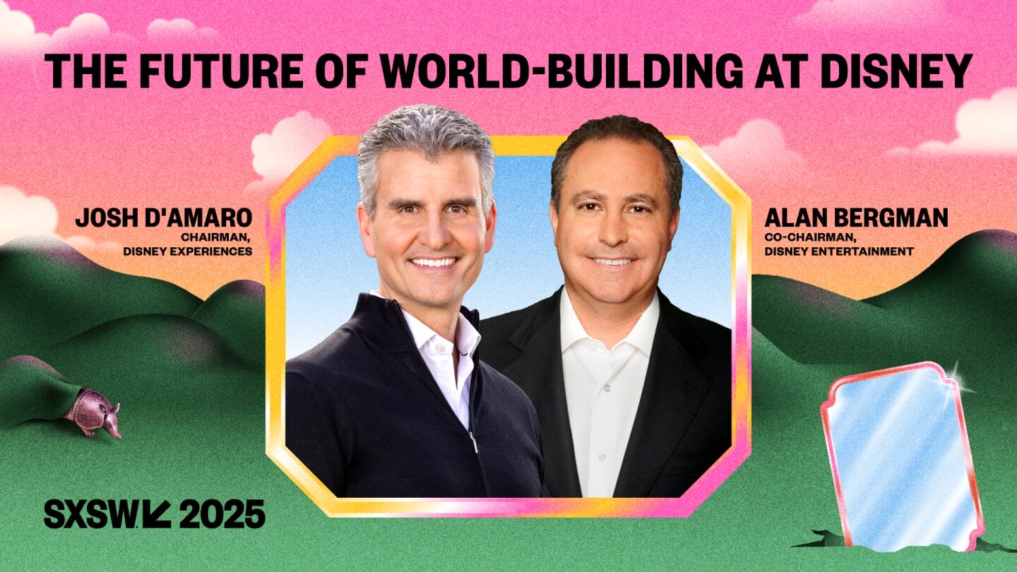 Two men in suits stand against a vibrant backdrop, highlighted by the text: "The Future of World-Building at Disney." Catch their insights at SXSW 2025.