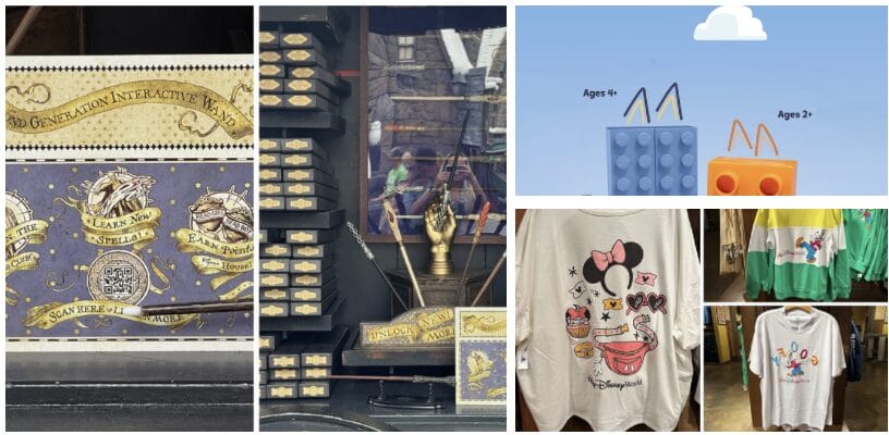 A magical collage featuring fantasy-themed displays, including wands and Disney-themed shirts, set against the enchanting backdrop of the Wizarding World of Harry Potter. Children's building block toys add a playful touch to this captivating scene.