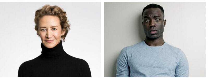 A person with short wavy hair in a black turtleneck reminiscent of Snape, and an individual with short hair in a gray shirt.