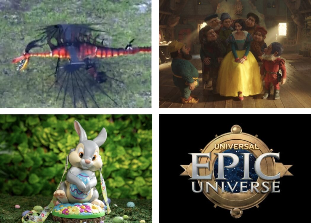 A flying red and black dragon, Snow White with seven dwarfs indoors, a rabbit figurine holding a basket with eggs, and an epic logo for Universal Epic Universe are all part of the enchanting display that captivates guests.