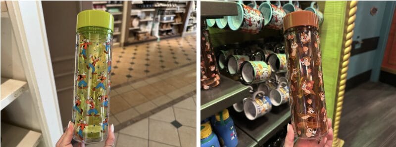 Two images of Chip 'n' Dale Tumblers, featuring playful character designs. The left bottle boasts a green lid, while the right has a brown lid. Both are held in front of shelves brimming with other items, reminiscent of souvenirs you'd find at Walt Disney World.