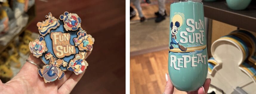 Left: A hand showcases a decorative pin with cartoon characters enjoying the "Fun in the Sun." Right: Part of the Summer Collection, a teal tumbler featuring a surfing character and "Sun Surf Repeat" text sits stylishly on a shelf.
