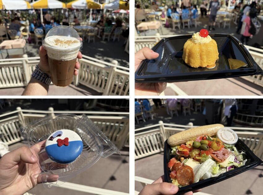 Four images of delightful outdoor treats: iced coffee, a bundt cake with a cherry, a Disney-themed blue and white cookie, and a salad with sausage and dressing—showcasing new menu items from the Jolly Holiday Bakery.