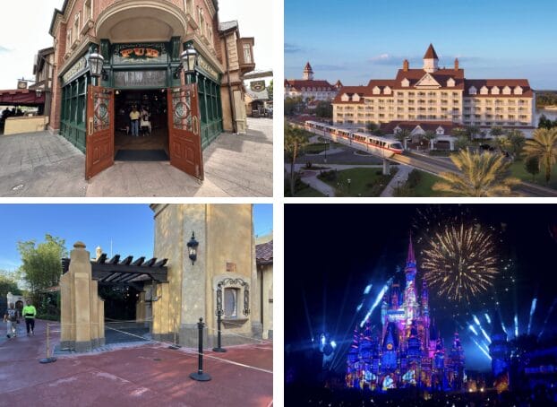 Four images capture the enchantment: a themed entrance, a resort with monorail, rustic buildings, and a nighttime castle with fireworks. It's like living in a fairytale—your daily recap of magic and wonder.