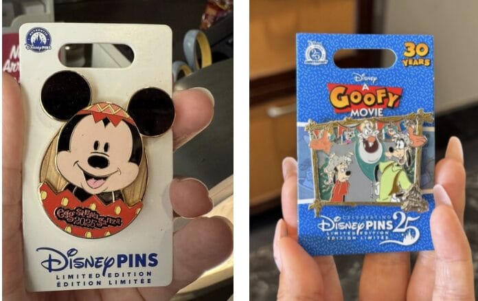 Two Disney pins: left, a Walt Disney World limited edition pin of Minnie Mouse; right, a pin for "A Goofy Movie" 25th anniversary edition, featuring beloved Goofy characters and the "30 years" text.
