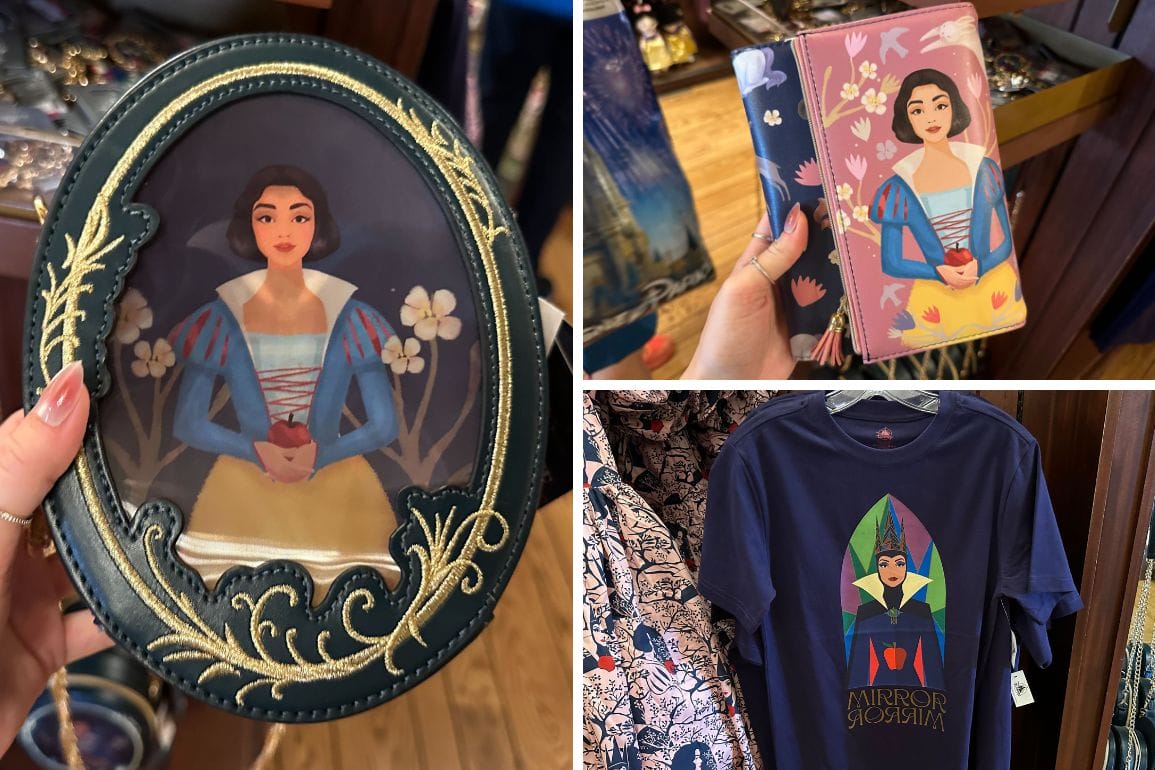 Merchandise display featuring a purse, notebook, and t-shirt with art inspired by Snow White in her iconic blue and red dress with white accents—perfect for any fan of Walt Disney World magic.