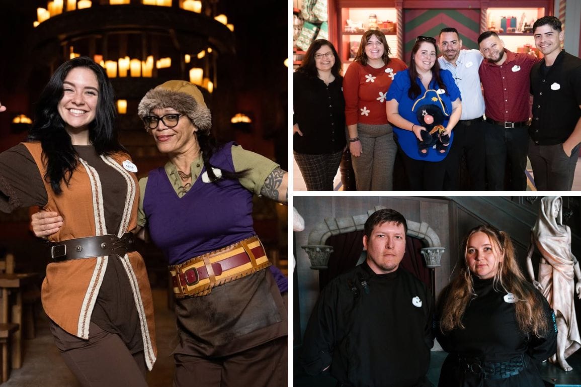 Three images reveal groups of people posing in themed costumes and uniforms, inside what appears to be an Epic Universe attraction setting.