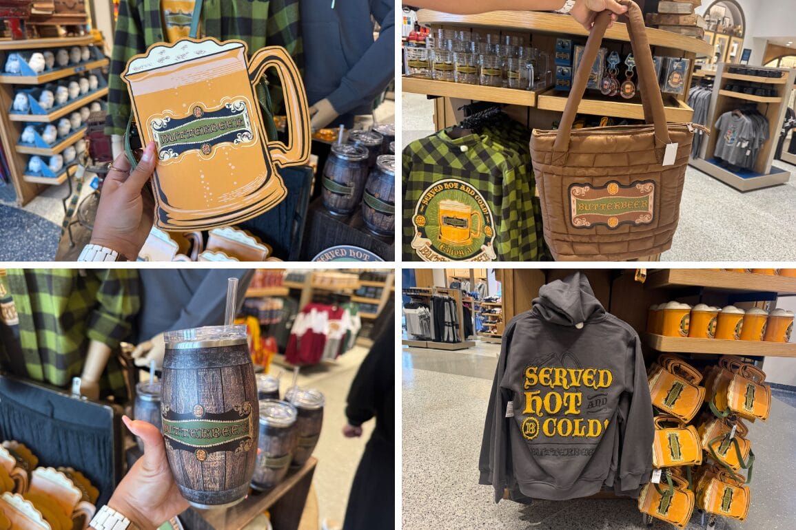 Assorted butterbeer-themed merchandise is on display at Universal Orlando Resort, featuring bags, mugs, tumblers, and clothing with designs reminiscent of Harry Potter's enchanting world.