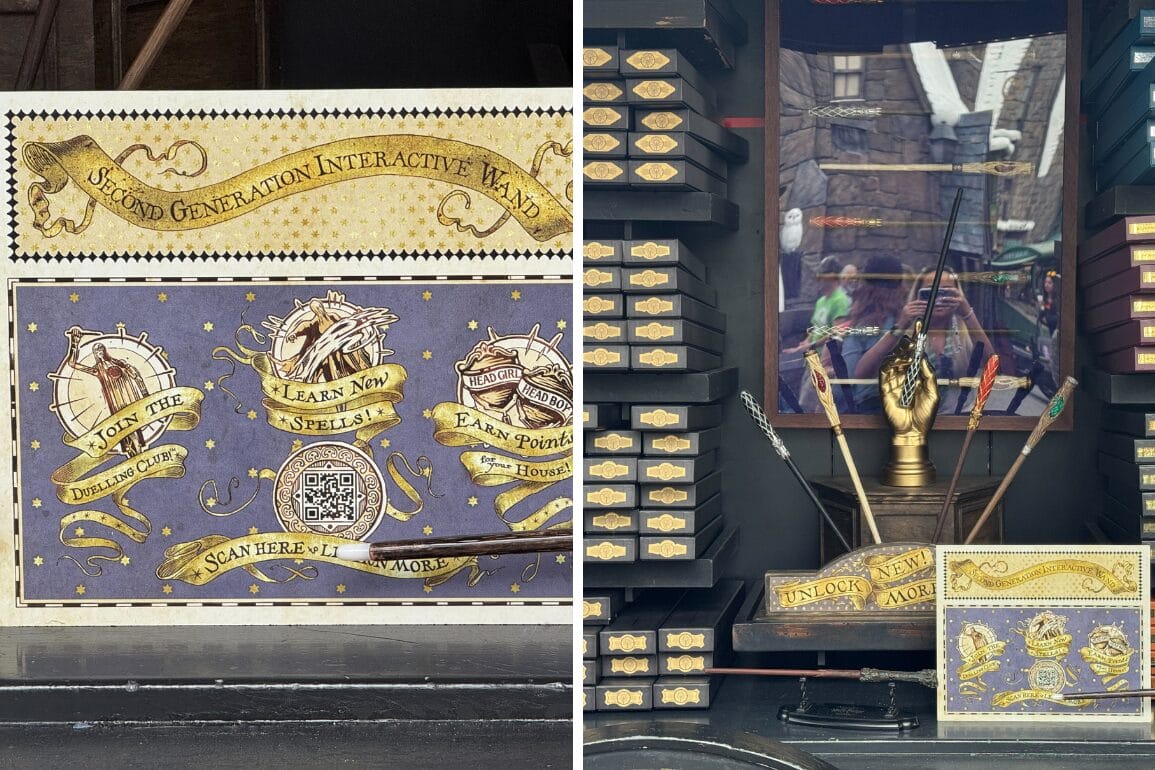 Discover our enchanting display of second-generation interactive wands, accompanied by a decorative sign. Stacked boxes and a golden hand holding one of these magical wands add to the allure. Scan the QR code for more information on how to bring your wand to life.