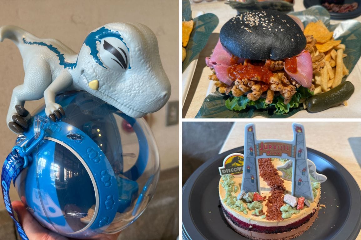 A dinosaur toy balances on a sphere, while a burger with a black bun and chips sits nearby, evoking the iconic Jurassic Park theme. A themed cake completes this prehistoric display.