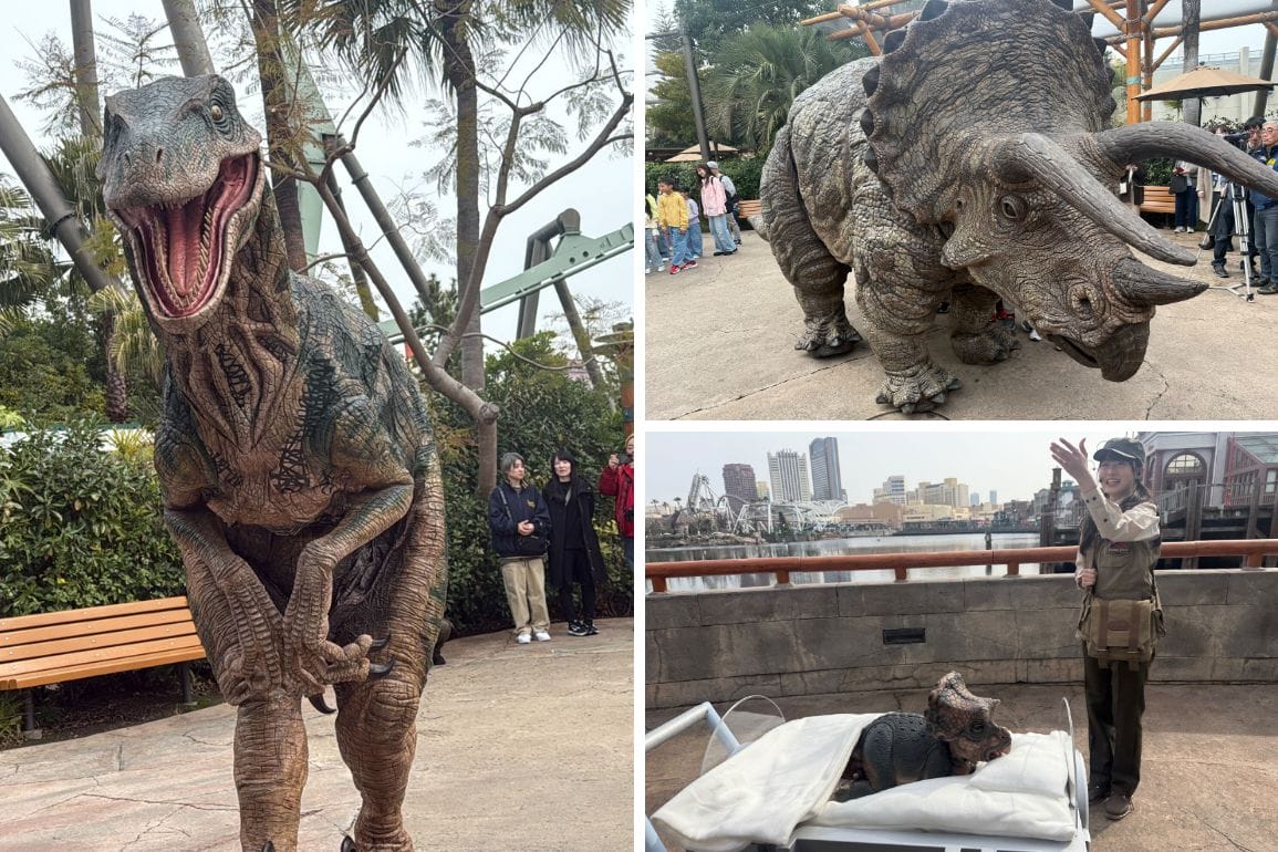 Three images: a Jurassic Park velociraptor prowling in a park, a triceratops navigating through a crowded area, and a baby dinosaur playfully interacting with its handler against a cityscape backdrop.