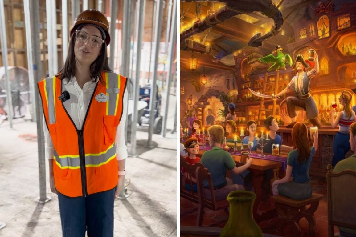 Left: Person in an orange safety vest and hard hat on a construction site. Right: Enchanting scene reminiscent of Pirates of the Caribbean, with lively bar patrons and a performer balancing on a barrel, crafted with the signature flair of Walt Disney Imagineering.