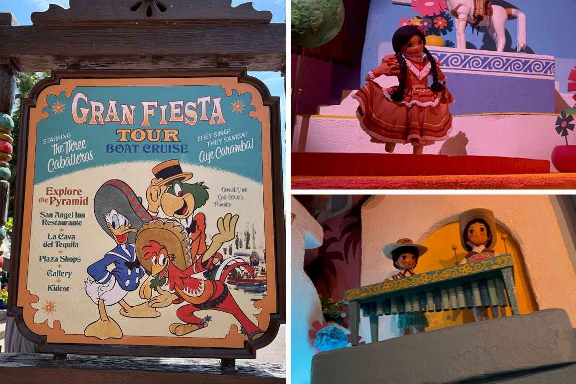 Sign for "Gran Fiesta Tour" featuring cartoon characters, and two images of animatronic dolls in traditional outfits on a ride.