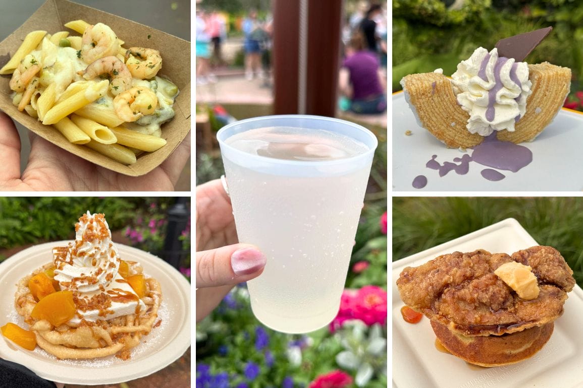 A delightful collage of EPCOT International Flower & Garden Festival flavors—shrimp pasta, a refreshing handheld drink, a cream-filled pastry, waffle with toppings, and an elegantly iced dessert pastry.