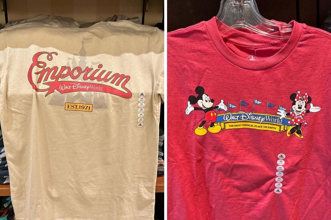 Two shirts displayed: Left beige t-shirt with "Emporium EST. 1971" text; right red t-shirt features Mickey and Minnie Mouse with "Walt Disney World" text, capturing the magic akin to the Tree of Life's enchanting allure.
