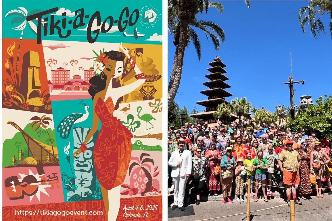 Left: Illustrated Tiki-A-Go-Go event poster. Right: Large group of people in colorful outfits posing outdoors near a pagoda structure.