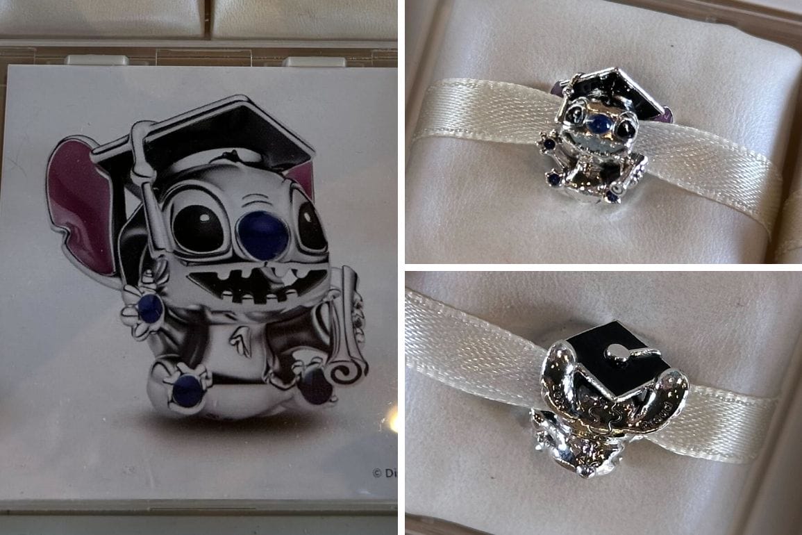 Celebrate the milestone with the Stitch Graduation Pandora Charm, featuring Silver Stitch in a graduation cap and holding a diploma. Displayed elegantly in a box, this charm is perfect for fans of Walt Disney World and those marking an achievement.