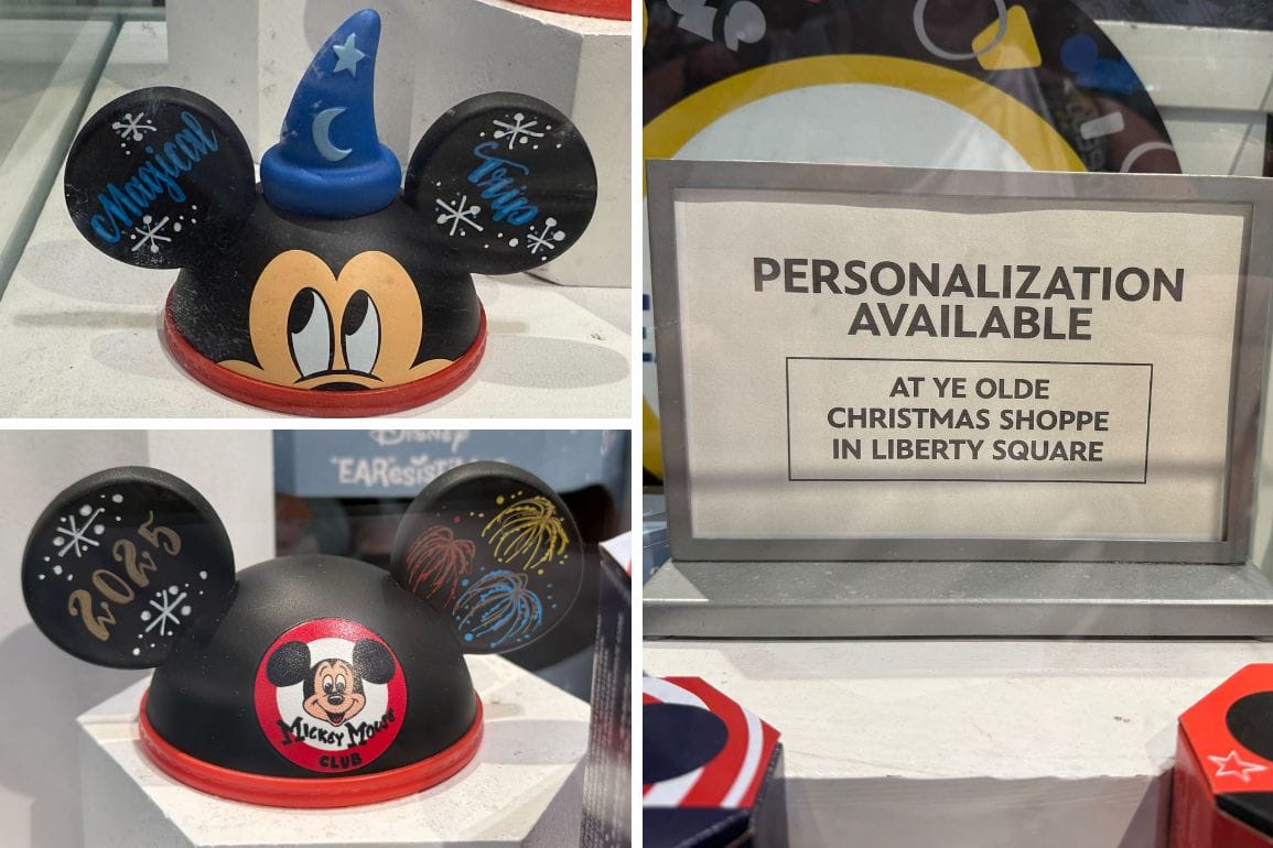 Discover Mickey Mouse-themed hats adorned with decorative designs and a sign proclaiming "EAResistible personalization available at Ye Olde Christmas Shoppe in Liberty Square.