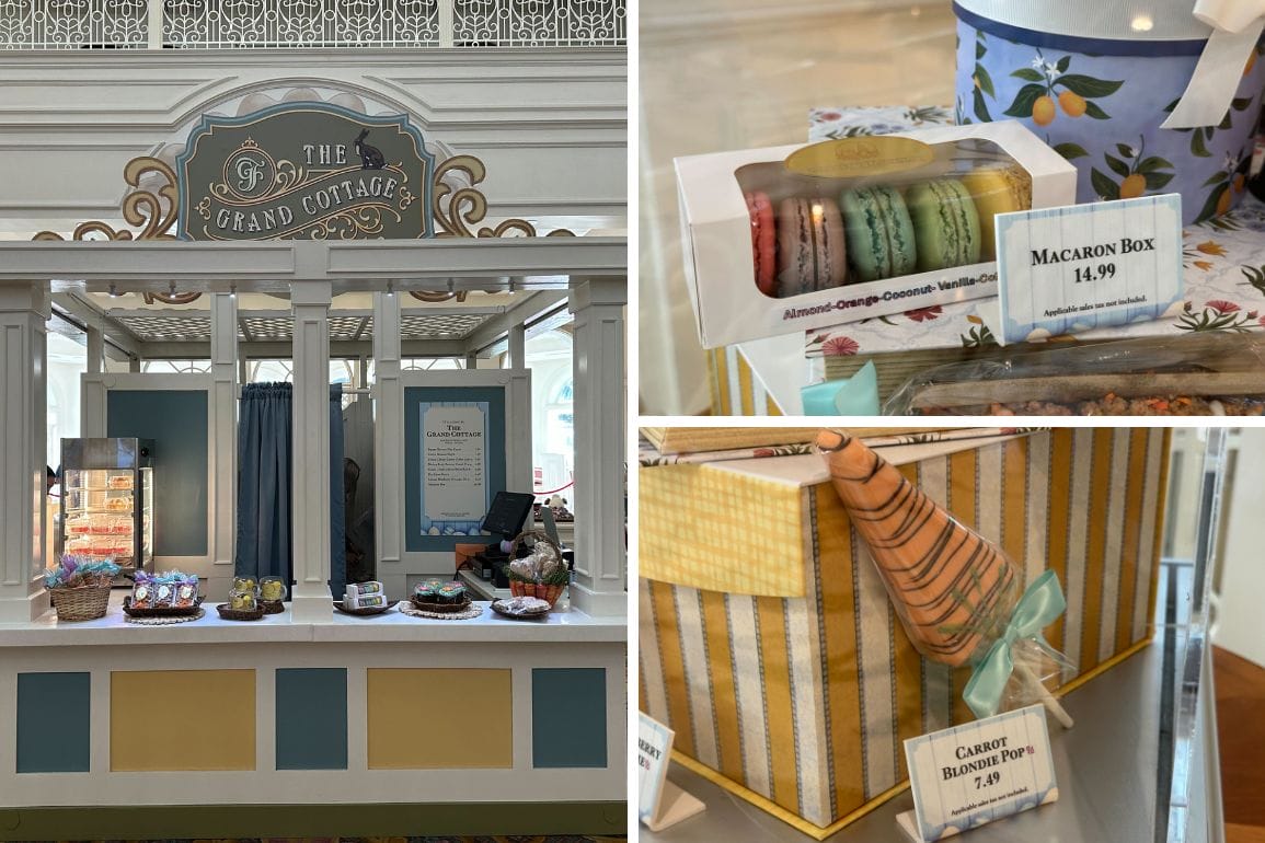 A confectionery stand at Disney's Grand Floridian Resort showcases an array of treats, including a $14.99 macaron box and $7.99 carrot blondie pops, all under a "The Grand Cottage" sign. Perfect for PHOTOS, this sweet spot captures the magic of delightful indulgence.