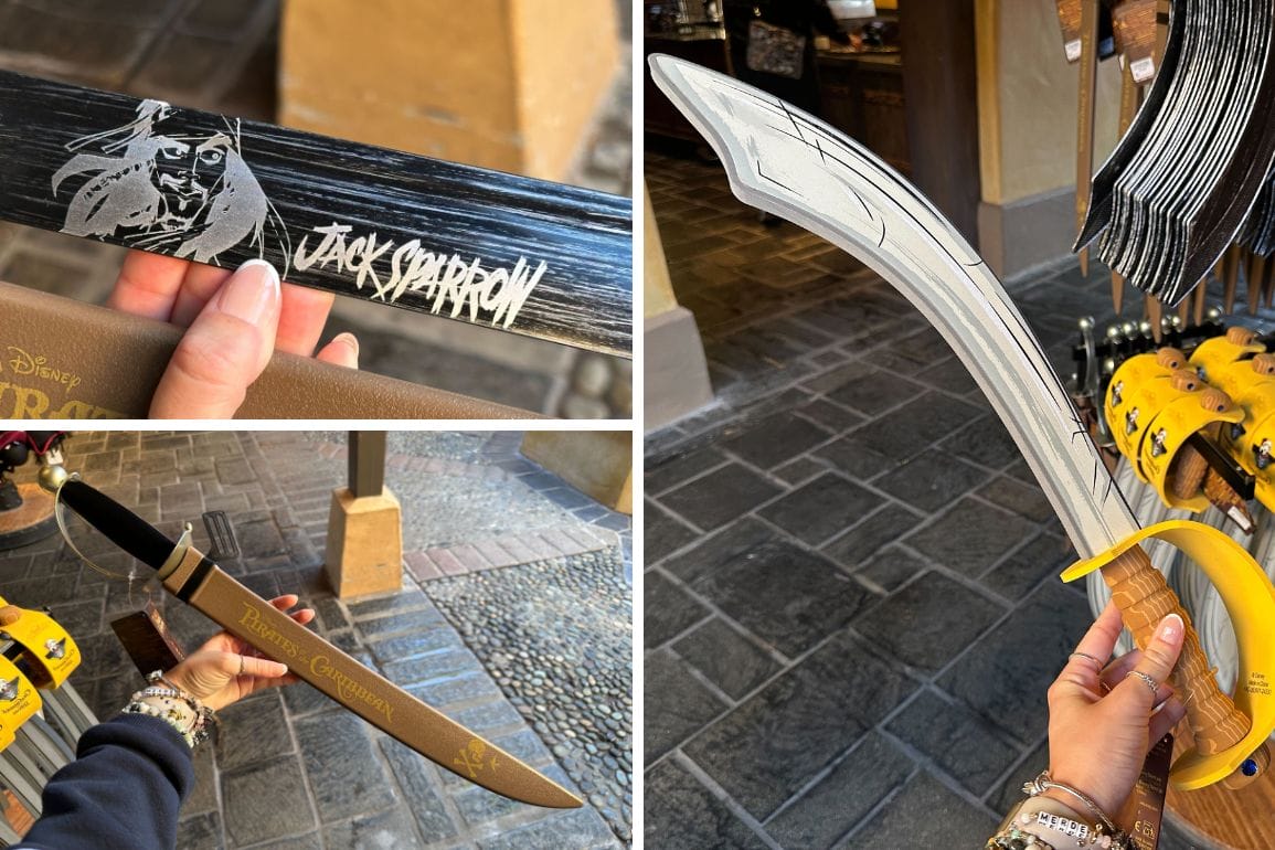 A collage of toy pirate swords, featuring "Jack Sparrow" with his dashing image, another labeled "Pirates of the Caribbean," and a curved saber, all displayed in a Magic Kingdom store.