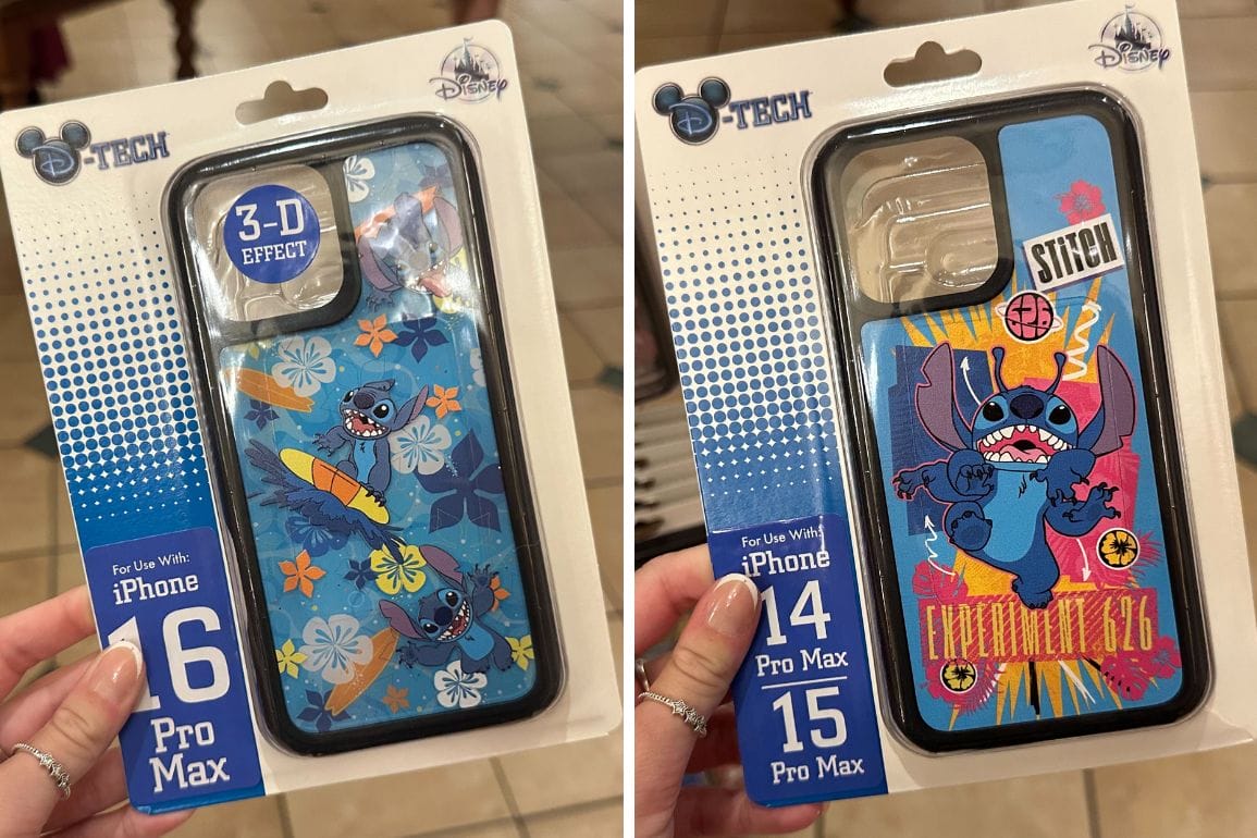 Two Stitch-themed iPhone cases in packaging. Left case features floral design and "3-D Effect" label. Right case shows Stitch with "Experiment 626" text. Compatible with iPhone 14/15 Pro Max.