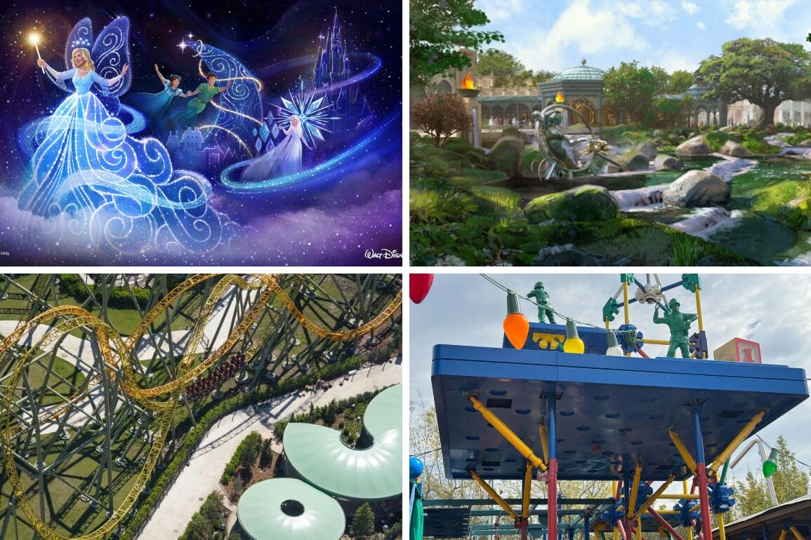 Four images: A fantasy scene with characters and stars, reminiscent of a Disney Starlight parade, a tranquil garden with trees and gazebo, an aerial view of a roller coaster, and a colorful children's play area with climbing structures.