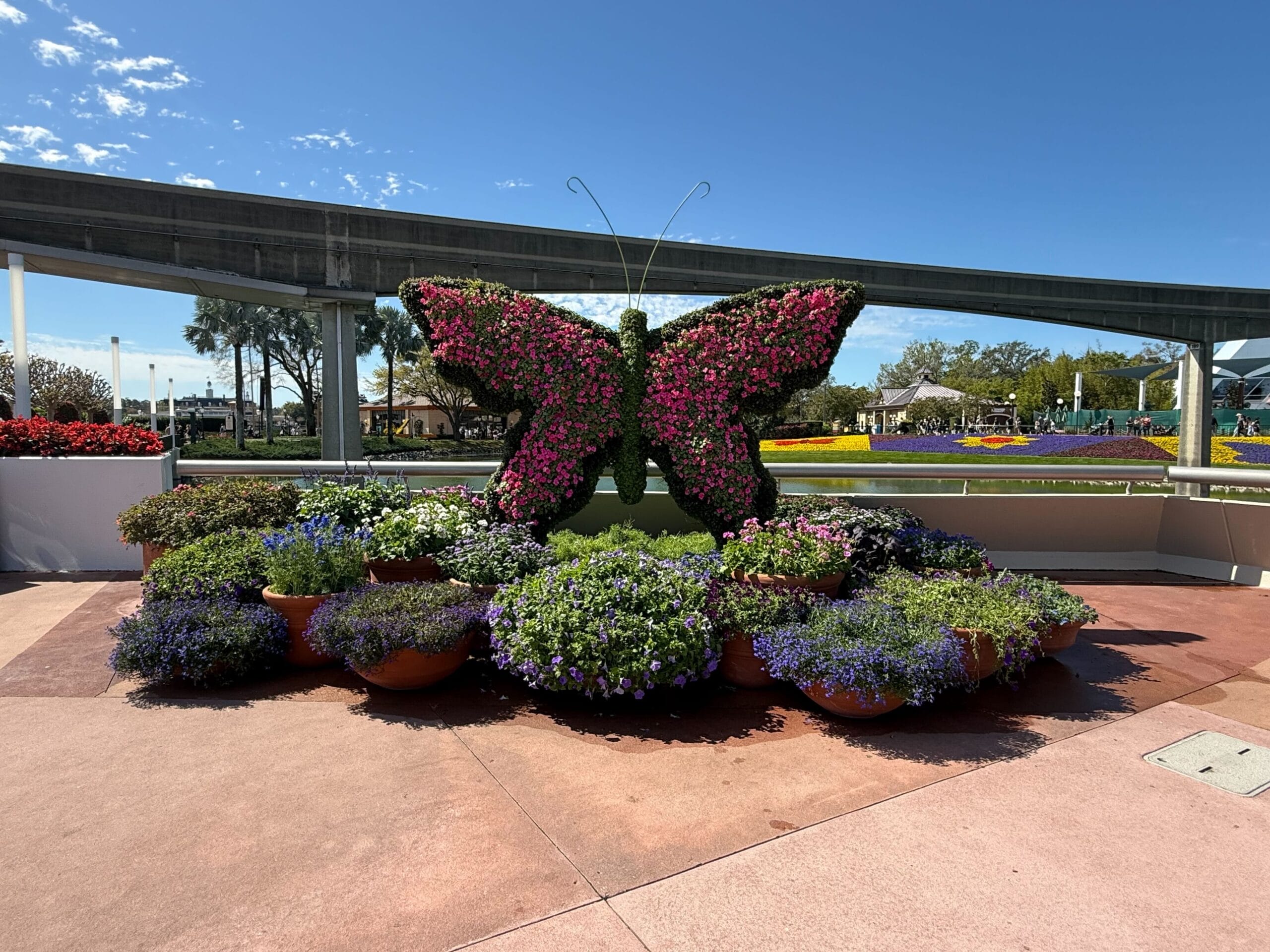 A large butterfly-shaped topiary crafted from pink and green plants is showcased amid vibrant flowers under a clear blue sky, celebrating the EPCOT International Flower Garden Festival 2025.