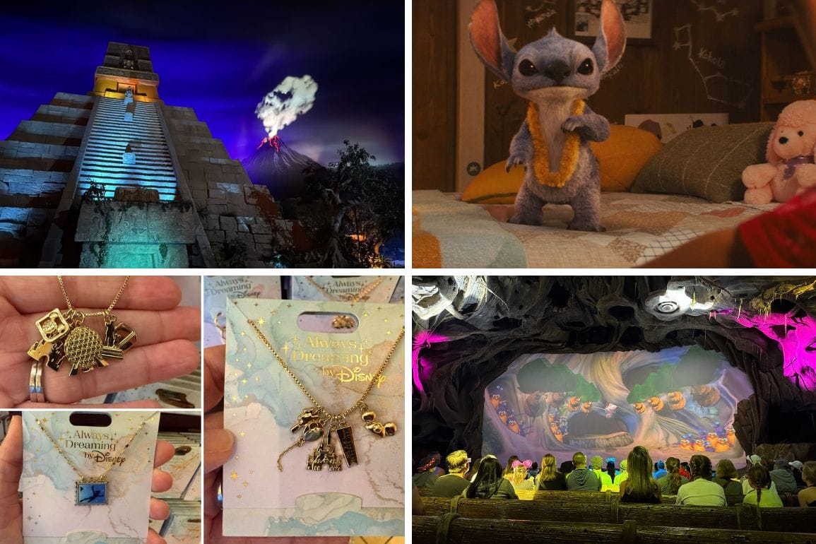 A collage captures the day's essence: a lit pyramid with smoke, a plush alien on a bed, a necklace over a card, and people engrossed in a screen within a cave-themed room—a visual daily recap of intriguing scenes.