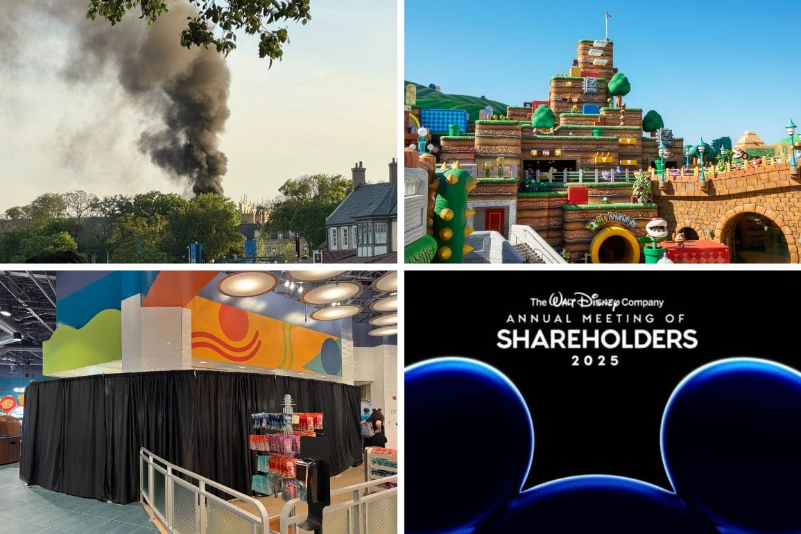 Daily Recap: A four-image collage captures the day's highlights: smoke billows above trees and homes, a vibrant theme park with block structures, a store section veiled in black drapes, and the Disney shareholders meeting announcement.
