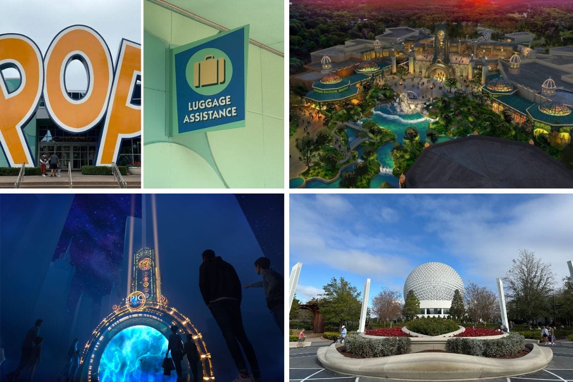 A vibrant collage featuring Walt Disney World's iconic theme park entrance, a luggage assistance sign for Resort Airline Check-in Service, an aerial view of the bustling park, a dazzling nighttime futuristic display, and the mesmerizing large geosphere at an amusement park.