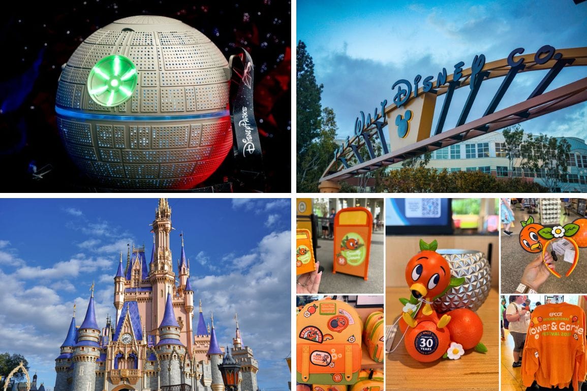Four images showcasing Disney and Epcot themes: a Death Star with a Mickey key, the entrance to Walt Disney World, Cinderella Castle, and orange-themed Epcot merchandise featuring the Orange Bird design.