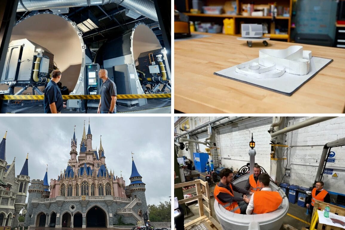 Four images: two people in a futuristic lab, a 3D-printed model on a table, and men in orange vests working with machinery. This daily recap captures innovation alongside timeless architecture with the majestic castle featuring pointed towers, blending history and progress seamlessly.