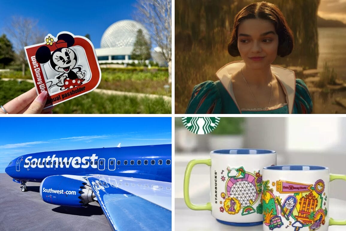 Collage with Disney sticker at a park, capturing the daily recap: a person dressed as a fairy tale character beside a Southwest Airlines plane and two Starbucks mugs adorned with theme park designs.