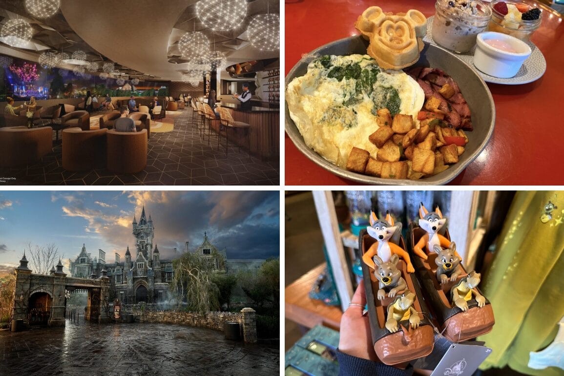 Four images: a modern cafe interior, Mickey-shaped waffle with breakfast items, a castle under a cloudy sky, and hand holding Disney-themed chocolate bars. Perfect for your daily recap of whimsical adventures, each snapshot tells a story of magic and delight.
