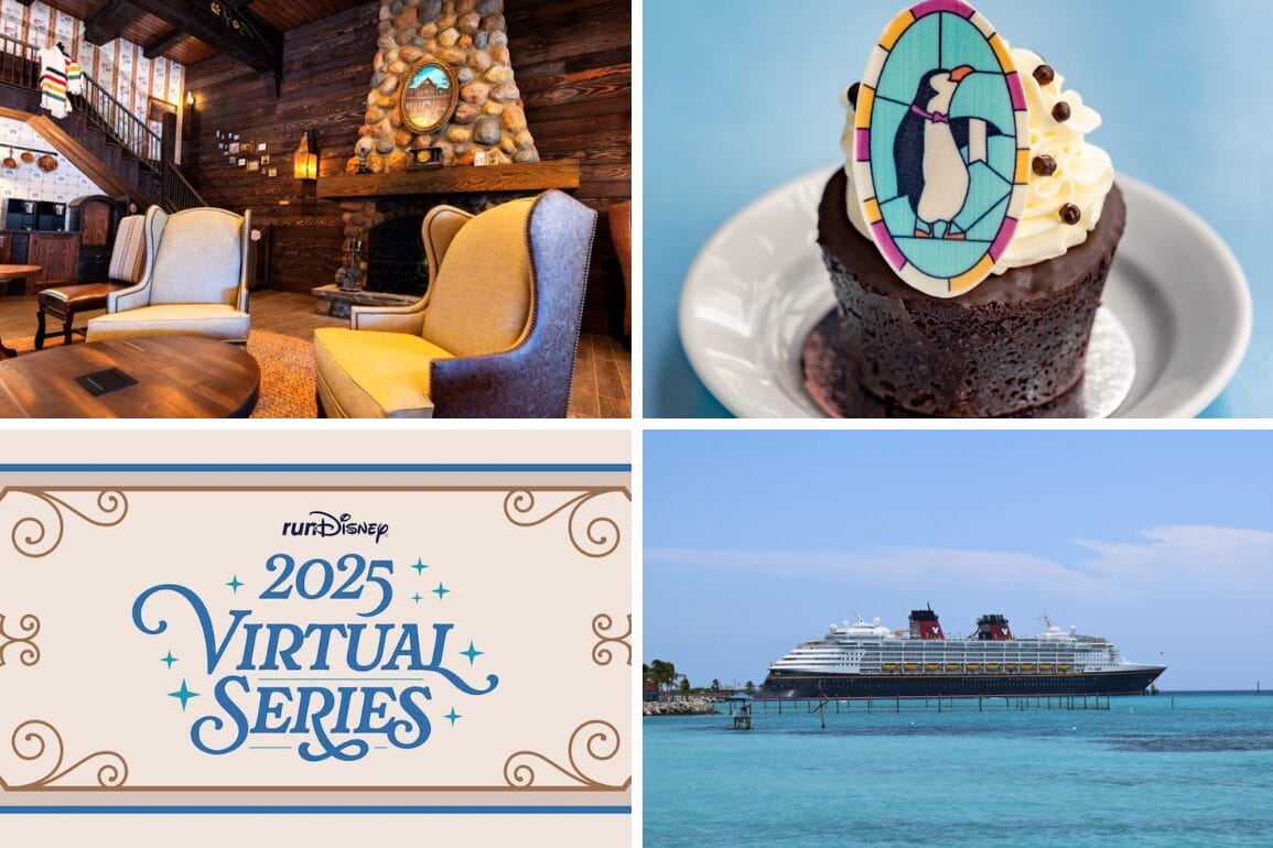 Split image with a cozy lodge, a dessert adorned with penguin decor, a "2025 Virtual Series" logo, and a cruise ship in blue waters. It's the perfect template for capturing memorable moments in your daily recap.