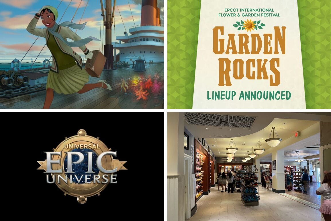 An animated woman stands on a ship deck with her suitcase, poised for adventure. Nearby, a vibrant green and orange "Garden Rocks" announcement catches the eye, adding a lively splash of color—a scene perfect for your daily recap COPY.