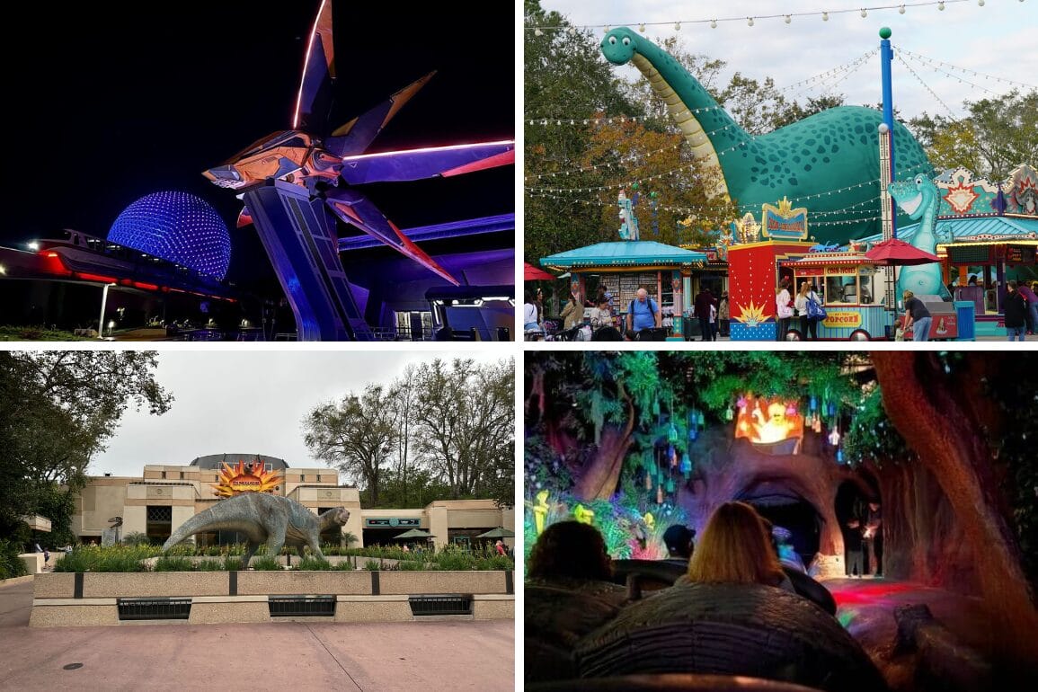 Collage of four theme park scenes: futuristic sculpture, dinosaur-themed ride entrance, large dinosaur statue, and an indoor ride with animatronic display. Perfect for your daily recap of adventures at the park and more.