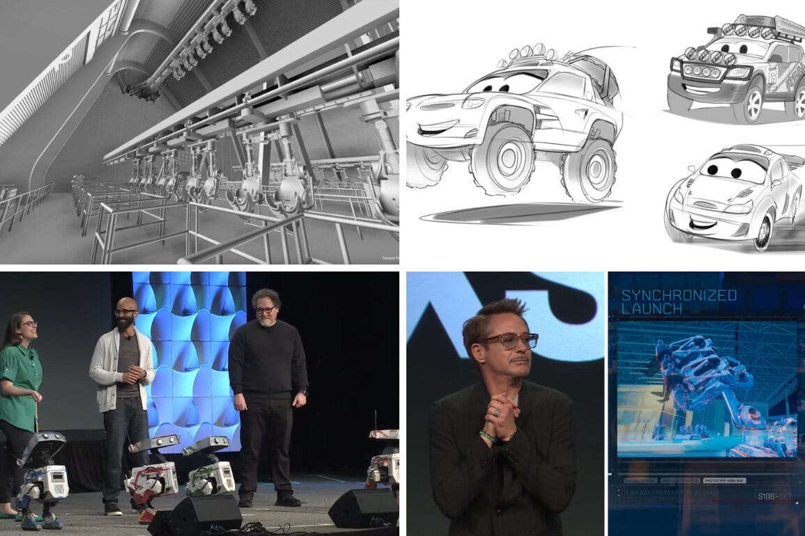 A four-panel collage: 3D machinery render, animated car sketches reminiscent of Disney, three speakers with robots, and a man with glasses on stage next to a screen showcasing a Vertical Lift Coaster launch display.