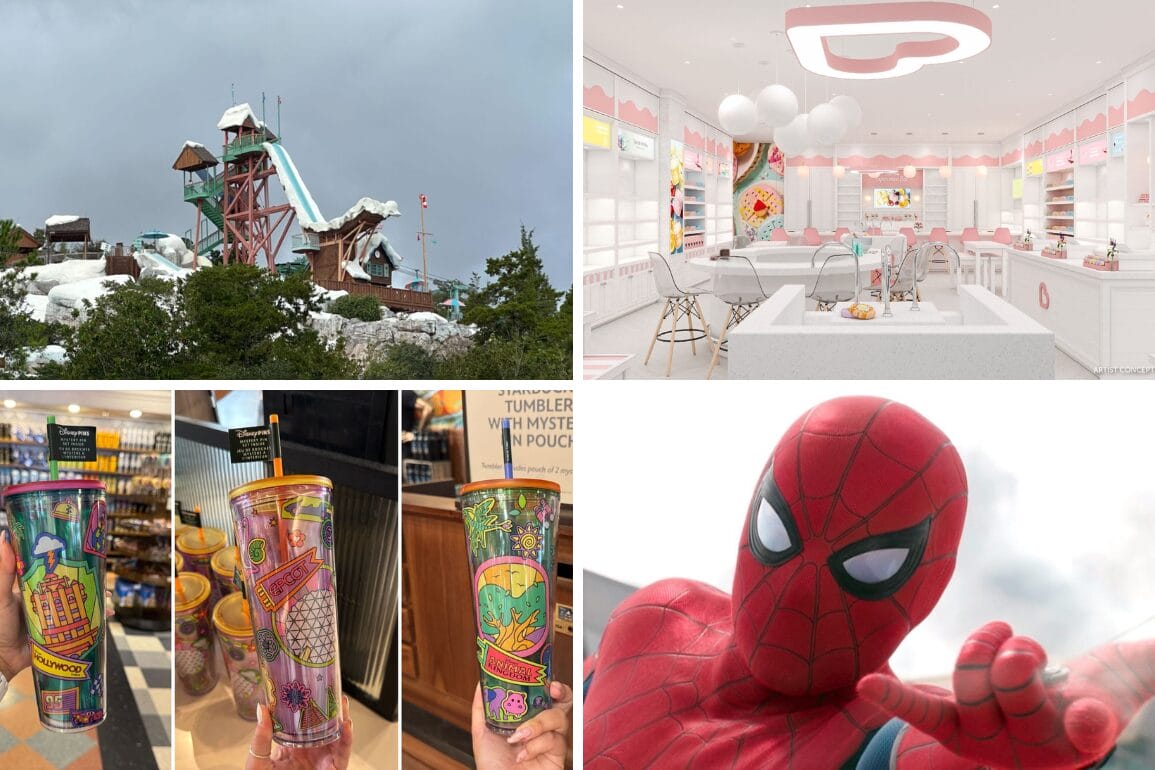 A snowy theme park dazzles with a thrilling ride and a brightly adorned ice cream shop. Snag vibrant souvenir cups while spotting Spider-Man in costume making his iconic hand gesture. For more, catch the daily recap of the park's adventures!.