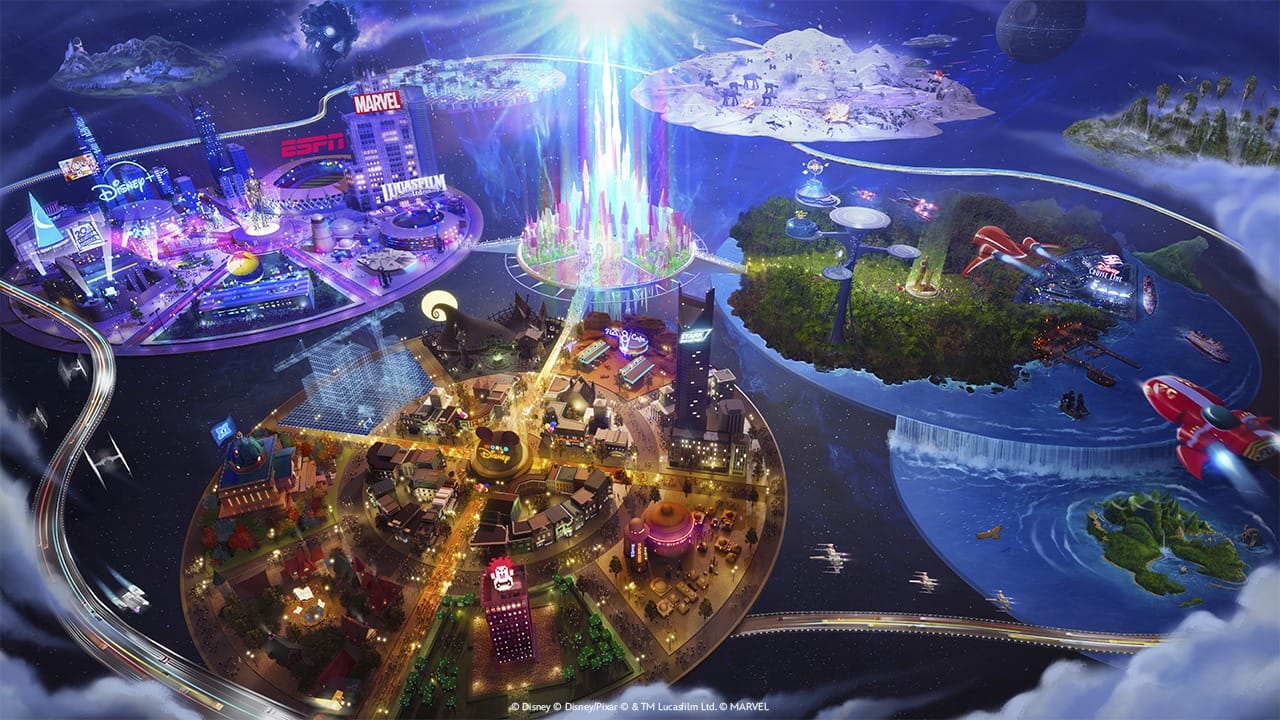 Futuristic theme park map with various themed zones, including a cityscape, forested area, space, and ocean. Bright light and spaceship in the sky.
