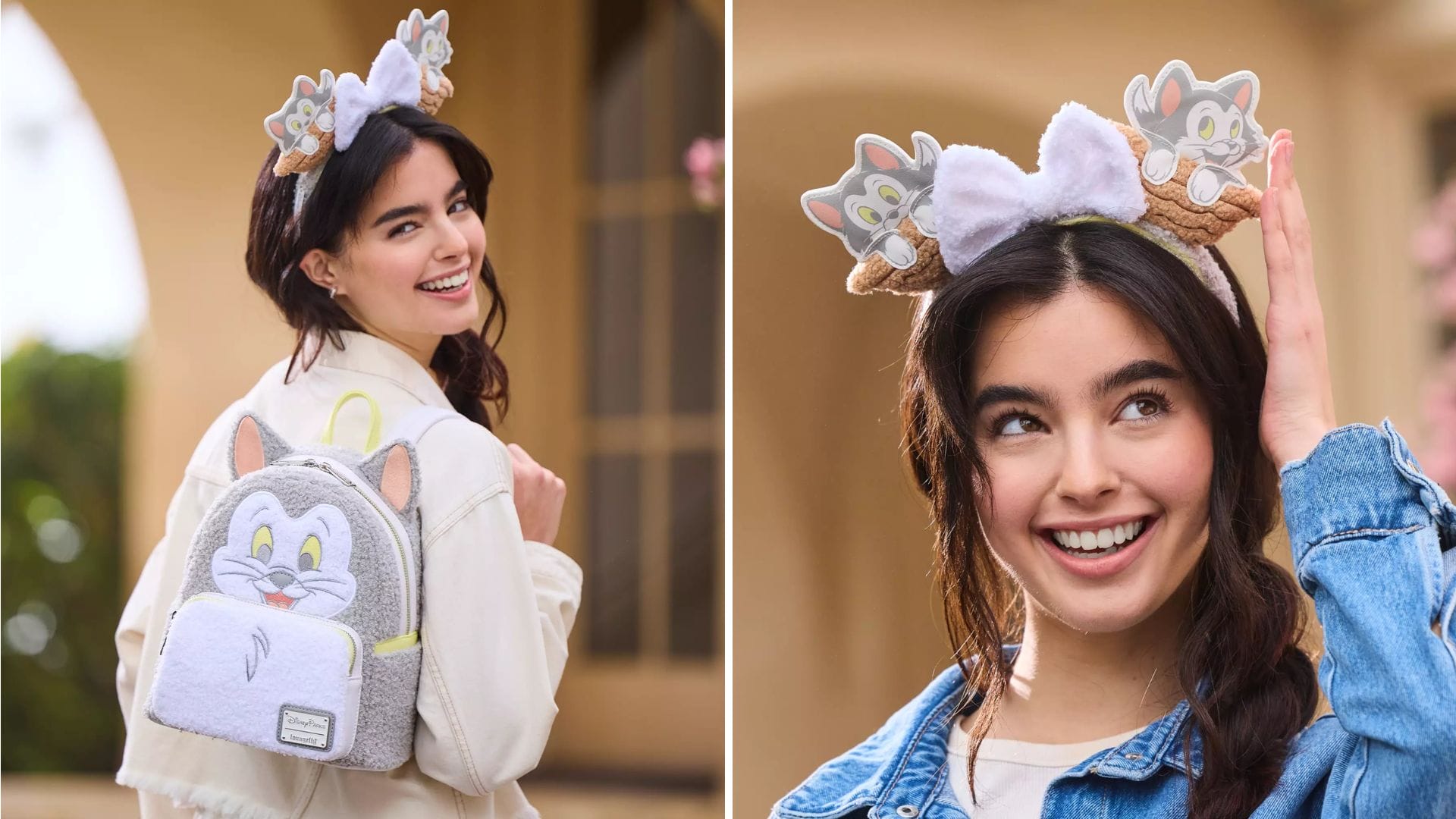 A woman wearing a cat-themed ear headband and matching backpack, adorned with a pastel Loungefly design, smiles in two playful poses.