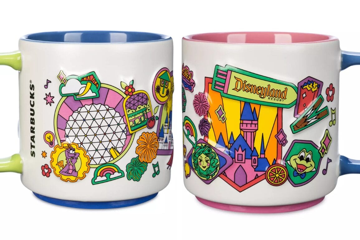 Two colorful mugs featuring Disneyland-themed designs make the perfect addition for Starbucks fans. The left mug shows a Ferris wheel and park icons, while the right displays a castle with cheerful illustrations. Both feature vibrant handles, capturing the enchanting spirit of Disney Parks.
