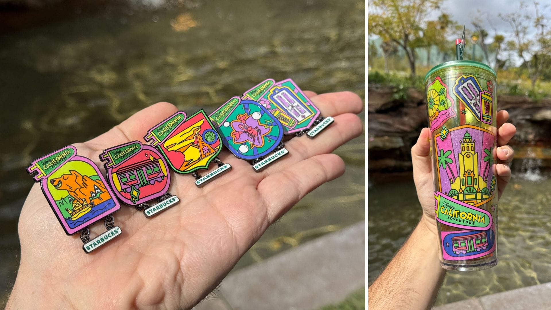 A vibrant array of colorful California-themed pins and a matching Disney California Adventure Starbucks tumbler are displayed against the picturesque backdrop of a serene pond.